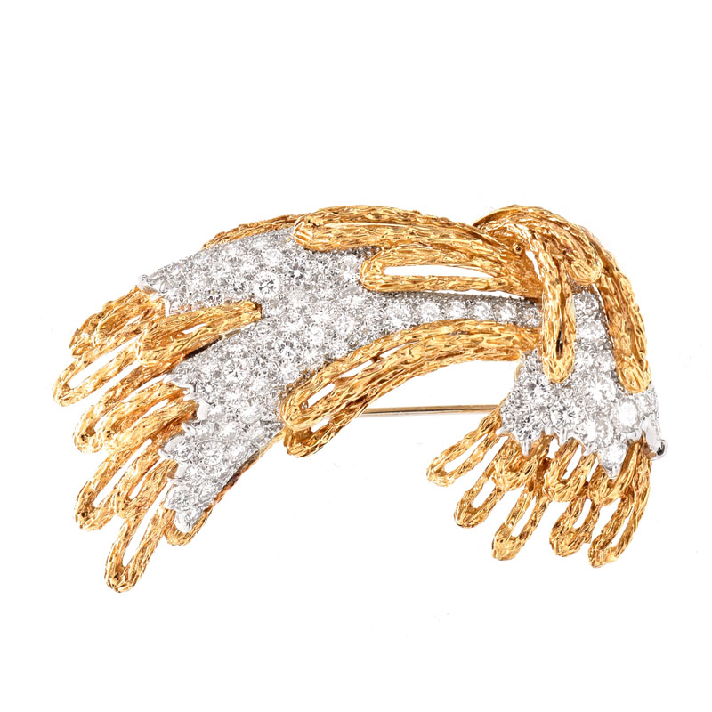 Vintage Approx. 6.0 Carat Pave Set Round Brilliant Cut Diamond, Platinum and 18 Karat Yellow Gold Brooch. 