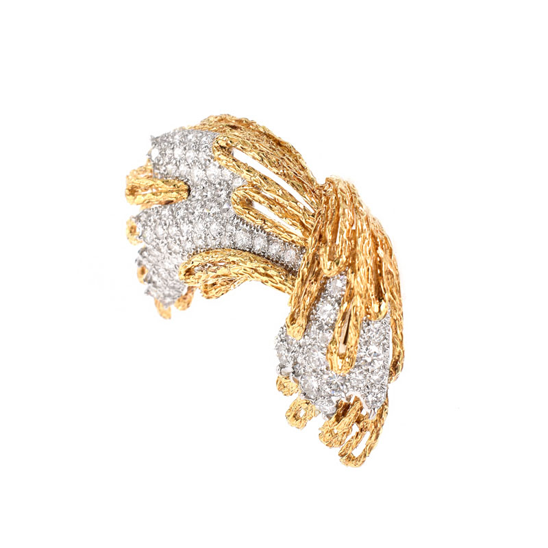 Vintage Approx. 6.0 Carat Pave Set Round Brilliant Cut Diamond, Platinum and 18 Karat Yellow Gold Brooch. 