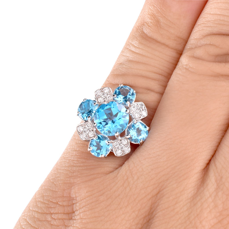 Approx. 4.86 Carat Round Cut London Topaz, Diamond and 18 Karat White Gold Ring. Topaz with vivid color. 