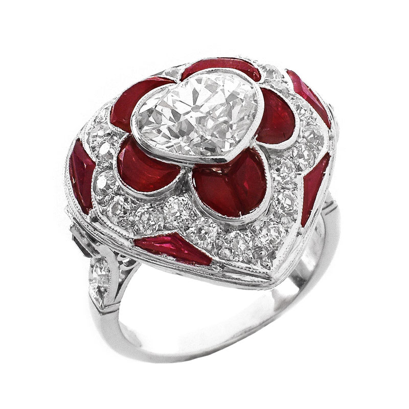 Art Deco style Approx. 3.0 Carat Old European Cut  Diamond, 1.50 Carat Calibre Cut Ruby and Platinum Ring. 