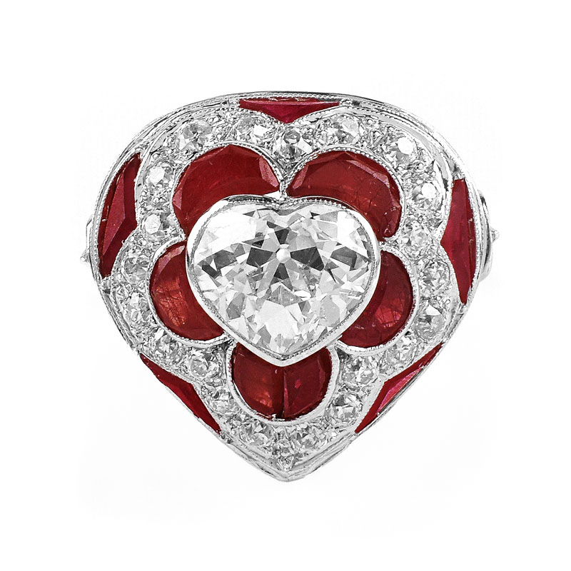 Art Deco style Approx. 3.0 Carat Old European Cut  Diamond, 1.50 Carat Calibre Cut Ruby and Platinum Ring. 