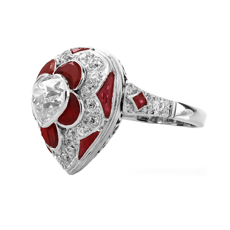 Art Deco style Approx. 3.0 Carat Old European Cut  Diamond, 1.50 Carat Calibre Cut Ruby and Platinum Ring. 