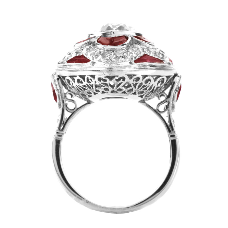 Art Deco style Approx. 3.0 Carat Old European Cut  Diamond, 1.50 Carat Calibre Cut Ruby and Platinum Ring. 