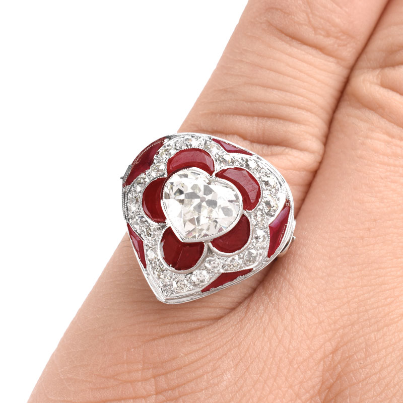 Art Deco style Approx. 3.0 Carat Old European Cut  Diamond, 1.50 Carat Calibre Cut Ruby and Platinum Ring. 