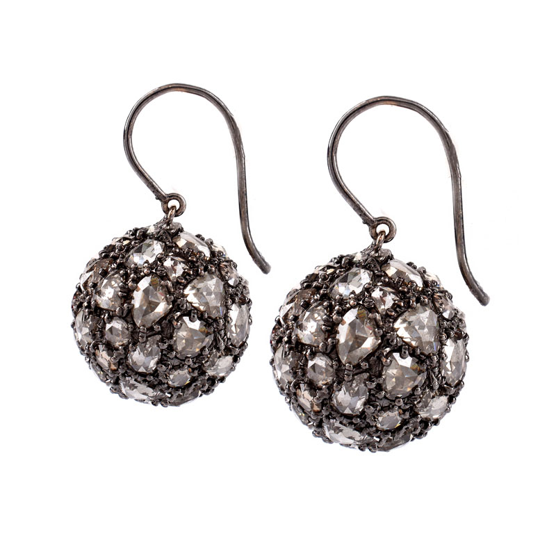 Lorraine Schwartz Pave Set Black Diamond and 18 Karat Gold Black Rhodium Ball Earrings in Original Box.