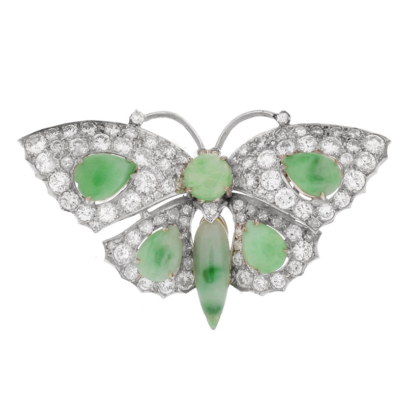 Vintage Approx. 5.50 Carat Pave Set Round Brilliant Cut Diamond, Cabochon Jade and Platinum Butterfly Brooch. 