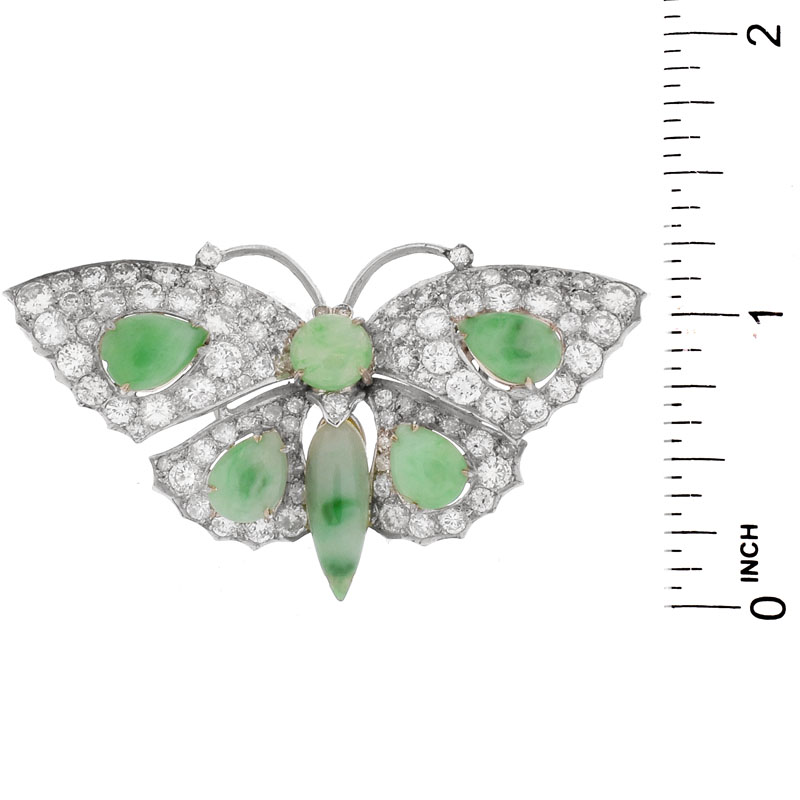 Vintage Approx. 5.50 Carat Pave Set Round Brilliant Cut Diamond, Cabochon Jade and Platinum Butterfly Brooch. 