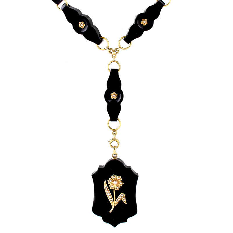 Victorian Carved Black Onyx, 14 Karat Yellow Gold and Seed Pearl Pendant Necklace. Stamped 14K to clasp.