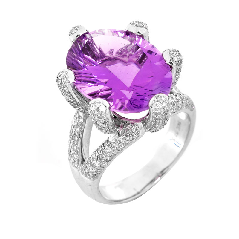 Oval Cut Amethyst, Approx. 1.50 Carat Pave Set Round Brilliant Cut Diamond and 14 Karat White Gold Ring.