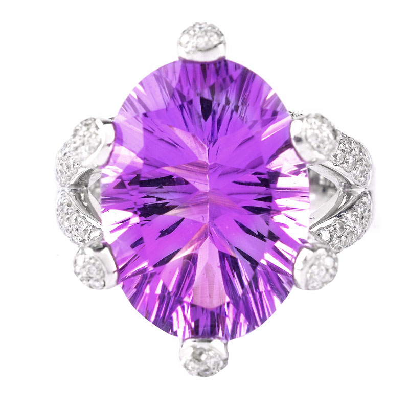 Oval Cut Amethyst, Approx. 1.50 Carat Pave Set Round Brilliant Cut Diamond and 14 Karat White Gold Ring.