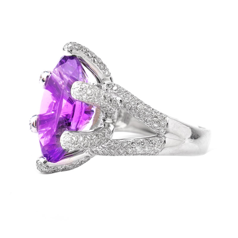 Oval Cut Amethyst, Approx. 1.50 Carat Pave Set Round Brilliant Cut Diamond and 14 Karat White Gold Ring.