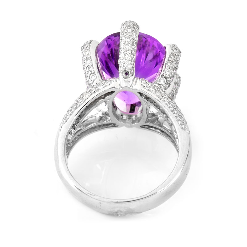 Oval Cut Amethyst, Approx. 1.50 Carat Pave Set Round Brilliant Cut Diamond and 14 Karat White Gold Ring.