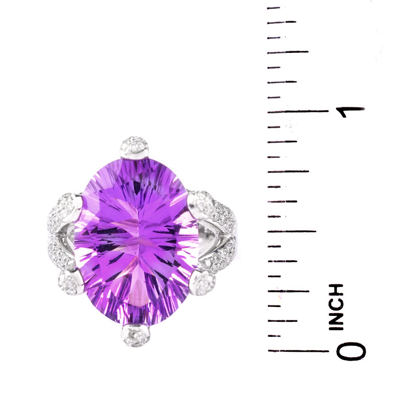 Oval Cut Amethyst, Approx. 1.50 Carat Pave Set Round Brilliant Cut Diamond and 14 Karat White Gold Ring.