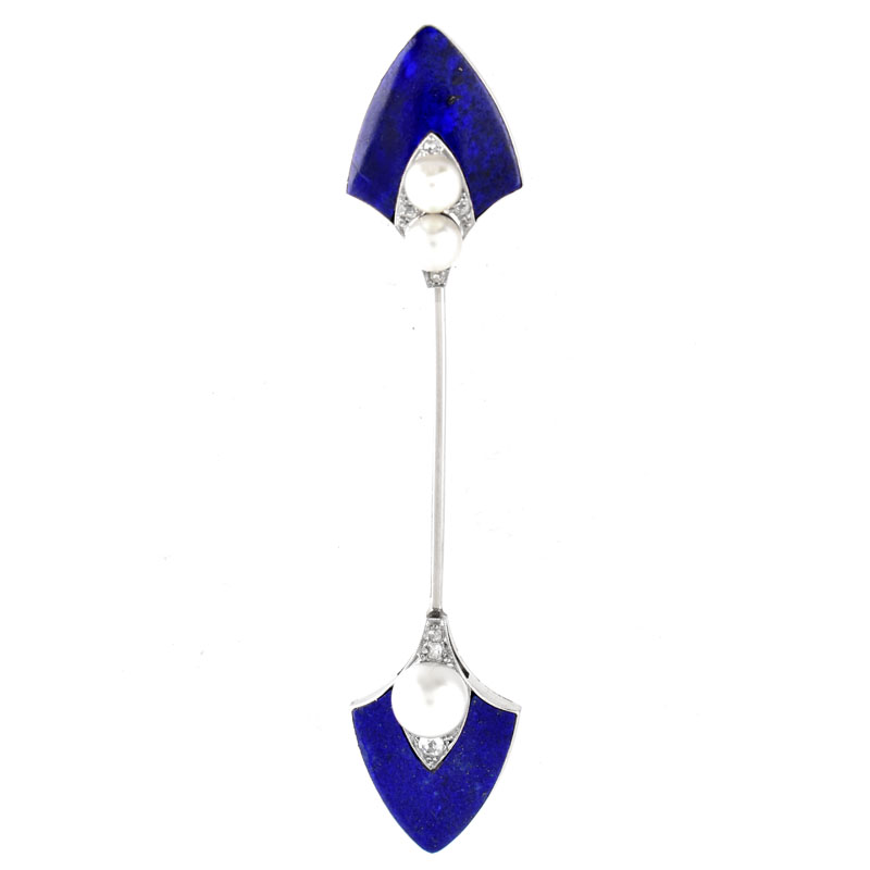 Art Deco Pearl, Diamond, Lapis Lazuli and 14 Karat White Gold Stick Pin Brooch. Unsigned. 