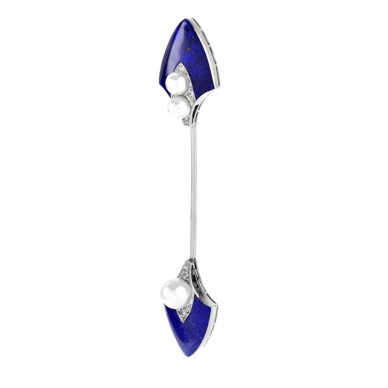 Art Deco Pearl, Diamond, Lapis Lazuli and 14 Karat White Gold Stick Pin Brooch. Unsigned. 