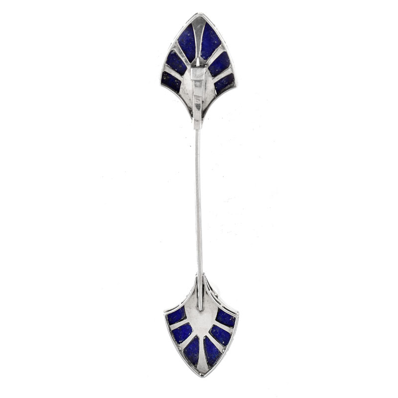 Art Deco Pearl, Diamond, Lapis Lazuli and 14 Karat White Gold Stick Pin Brooch. Unsigned. 