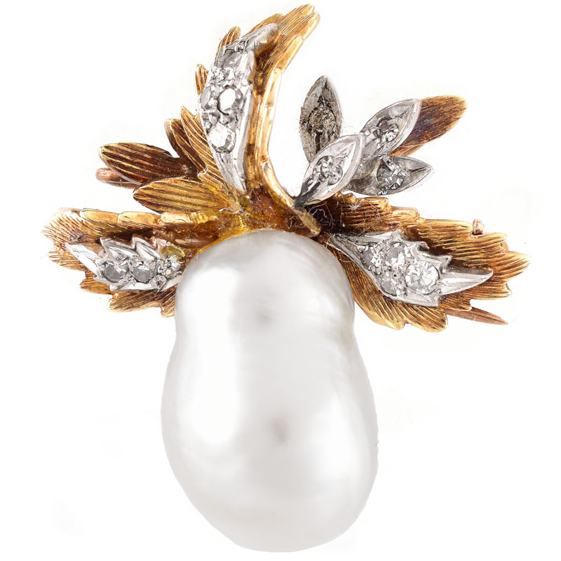 Vintage Bead Pearl, Diamond and 14 Karat Yellow Gold Pendant / Brooch. Pearl measures 17.62 x 12.43 x 11.70mm.