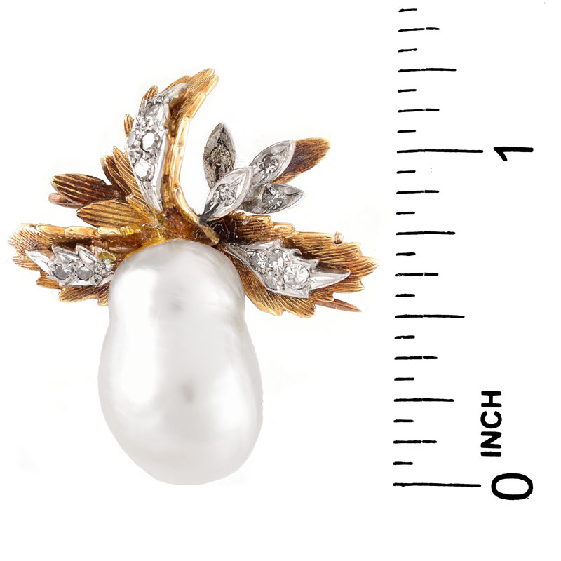 Vintage Bead Pearl, Diamond and 14 Karat Yellow Gold Pendant / Brooch. Pearl measures 17.62 x 12.43 x 11.70mm.