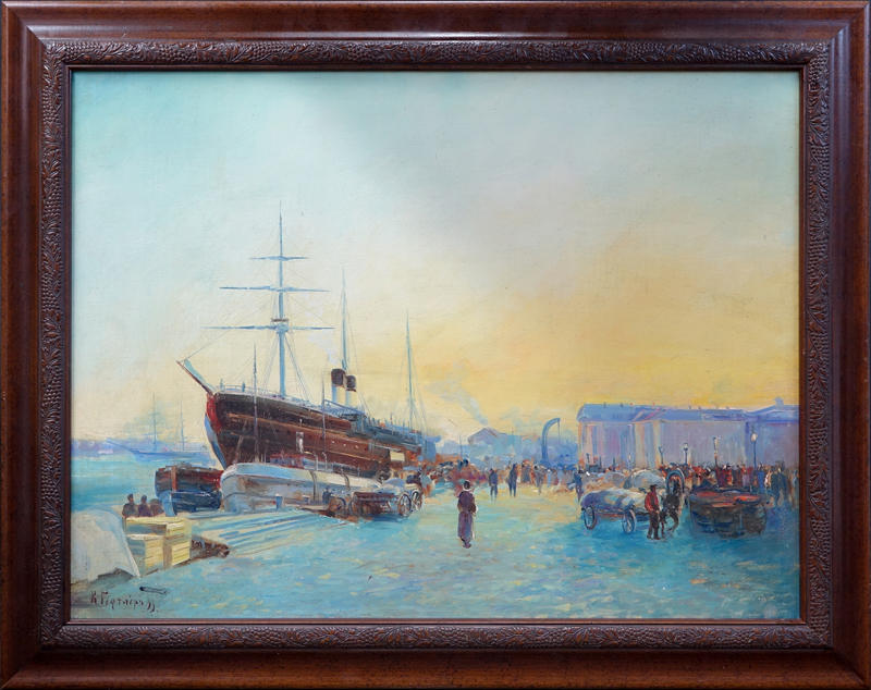 Karl Eduardovich Geftler, Russian (1858-1918) Oil on Canvas, Harbor Scene St. Petersburg. Signed lower left, label to verso. 