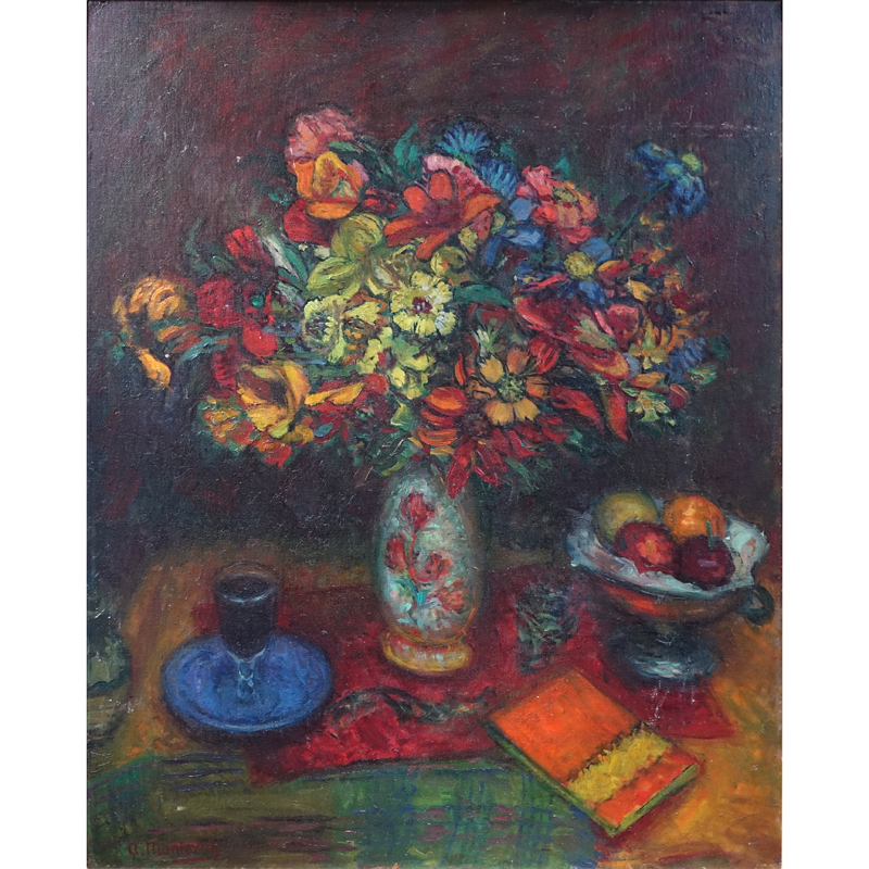 Abram Anshelevich Manievich, Ukrainian (1881-1942) Oil on Artist Board, Still Life with Flowers. Signed lower left.