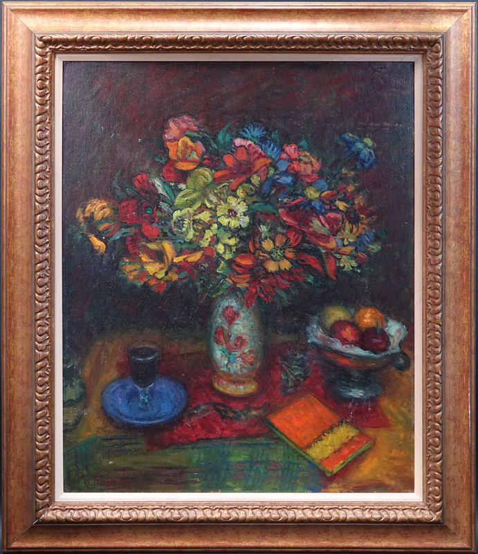 Abram Anshelevich Manievich, Ukrainian (1881-1942) Oil on Artist Board, Still Life with Flowers. Signed lower left.