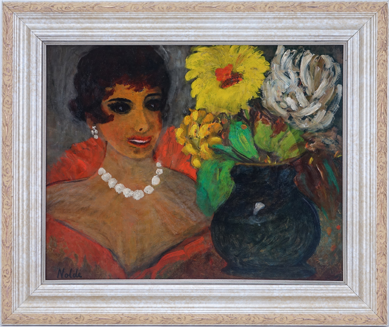 Attributed to: Emil Nolde, German (1867-1956) Oil on Panel, Woman with Flowers. Signed lower left.