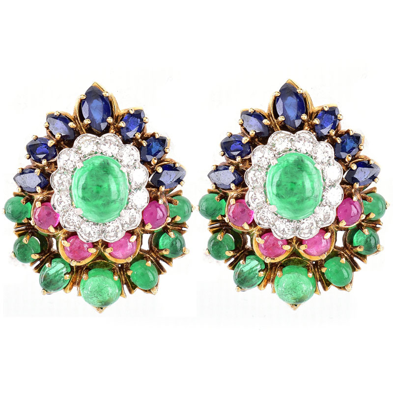 Vintage Cartier style Approx. 2.50 Carat Round Brilliant Cut Diamond, Marquise Cut Sapphire, Cabochon Emerald and Ruby and 14 Karat (or better) Yellow Gold Earrings.