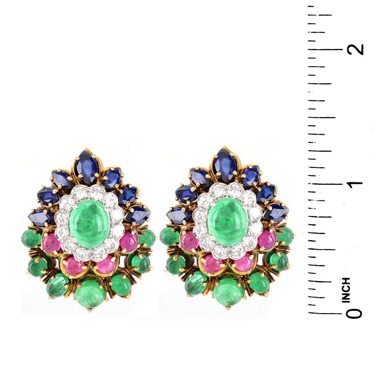 Vintage Cartier style Approx. 2.50 Carat Round Brilliant Cut Diamond, Marquise Cut Sapphire, Cabochon Emerald and Ruby and 14 Karat (or better) Yellow Gold Earrings.