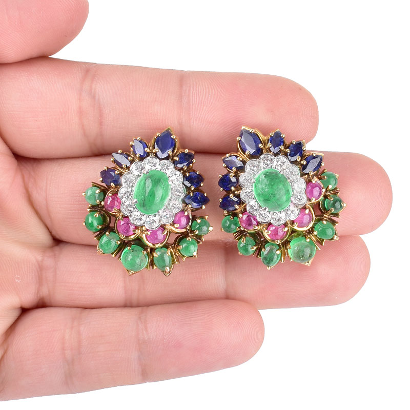 Vintage Cartier style Approx. 2.50 Carat Round Brilliant Cut Diamond, Marquise Cut Sapphire, Cabochon Emerald and Ruby and 14 Karat (or better) Yellow Gold Earrings.