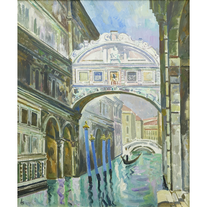 Andrei (Andrey) Bliok, Russian (born 1946-) Circa 1979 Oil on Canvas "Venetian Bridge". Artist's Monogram and Dated Lower Left, inscribed en verso.