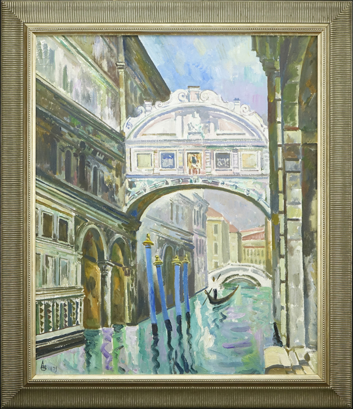 Andrei (Andrey) Bliok, Russian (born 1946-) Circa 1979 Oil on Canvas "Venetian Bridge". Artist's Monogram and Dated Lower Left, inscribed en verso.