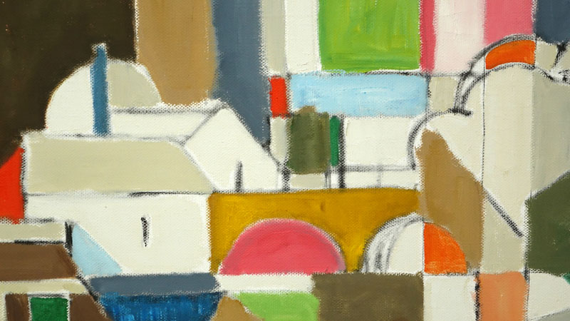 Large Oil on Canvas, Modern Abstract Composition Circa 1960s, Signed Schnall Lower Left. Artist name 'Schnall' inscribed en verso. 