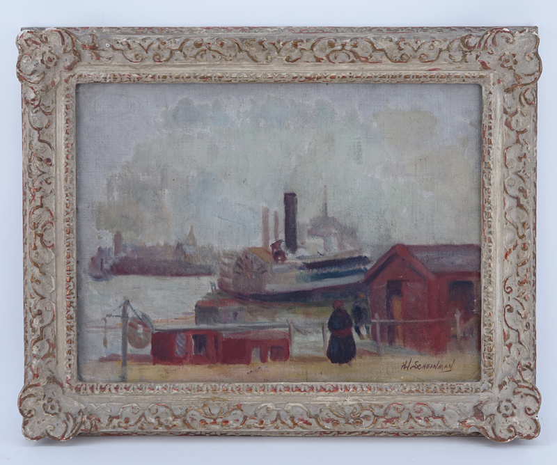Hortense W. Scheinman, American (born 1901) Oil on Panel, Harbor Scene, Signed Lower Right. Kensington  label attached en verso.