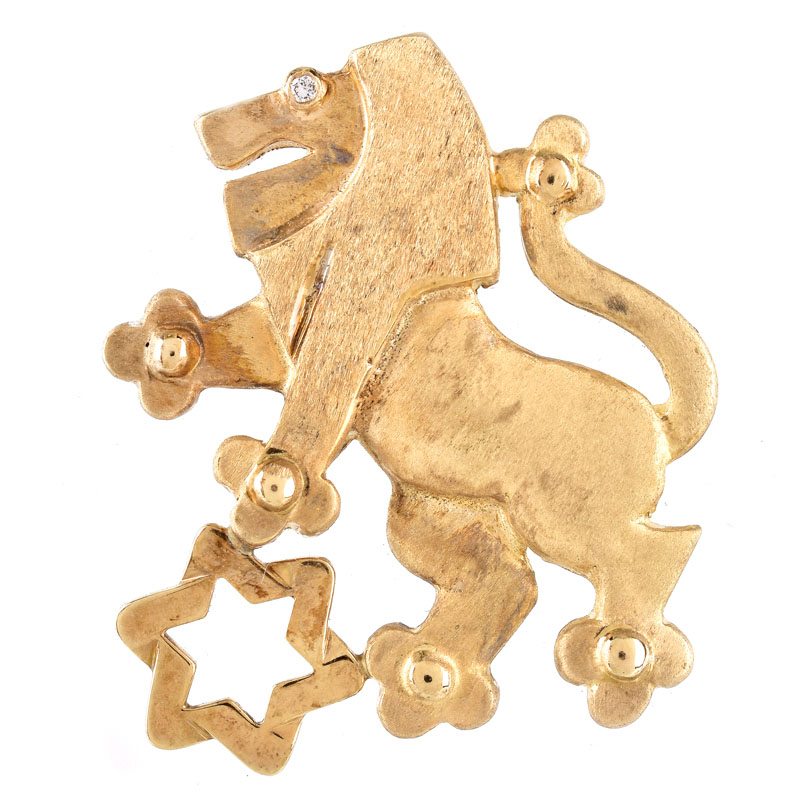 Vintage 14 Karat Yellow Gold and Diamond Lion of Judah Brooch. Stamped 14K.