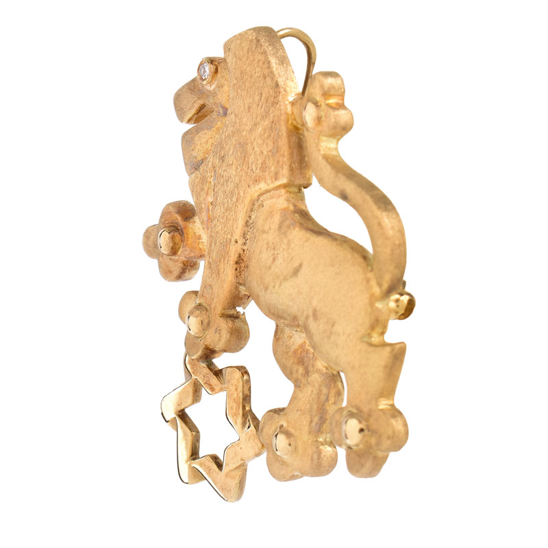 Vintage 14 Karat Yellow Gold and Diamond Lion of Judah Brooch. Stamped 14K.