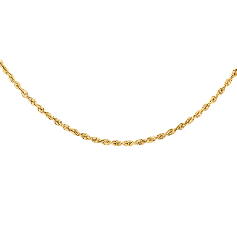 Vintage 14 Karat Yellow Gold Rope Link Necklace. Clasp stamped 14K.