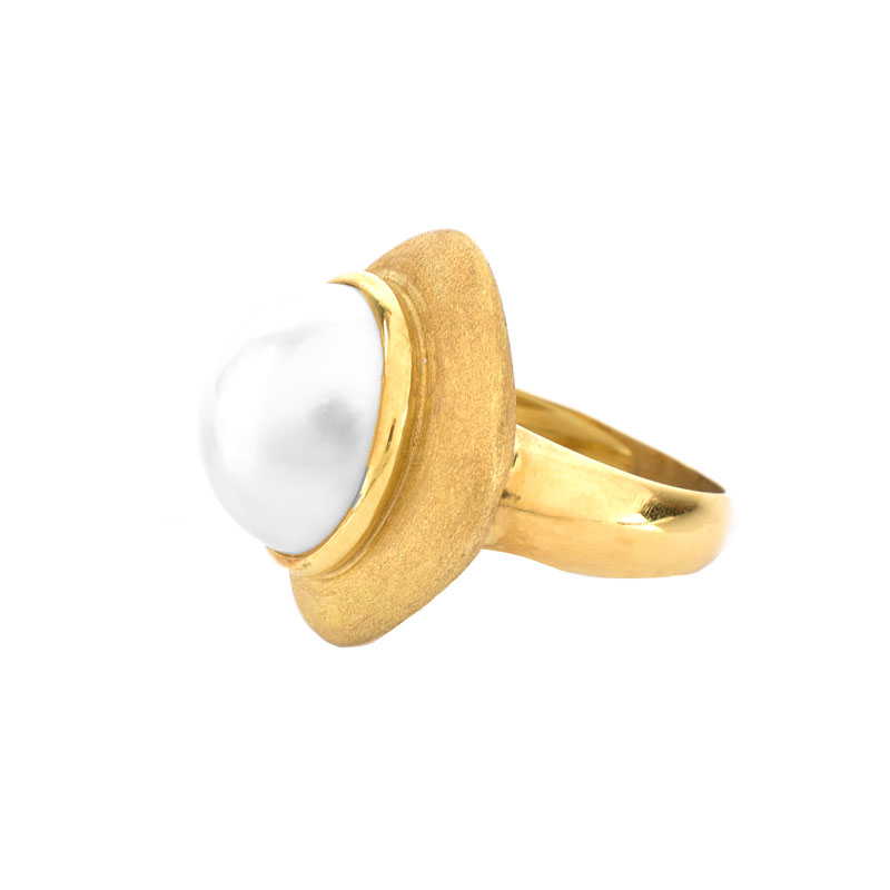 Vintage Italian 18 Karat Yellow Gold and Mabe Pearl Earring and Ring Suite.