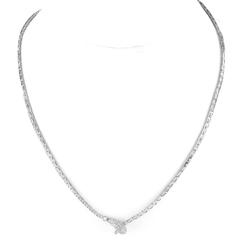 Vintage Micro Pave Set Diamond and 14 Karat White Gold Articulated Snake Lariat Necklace. Stamped 14K.