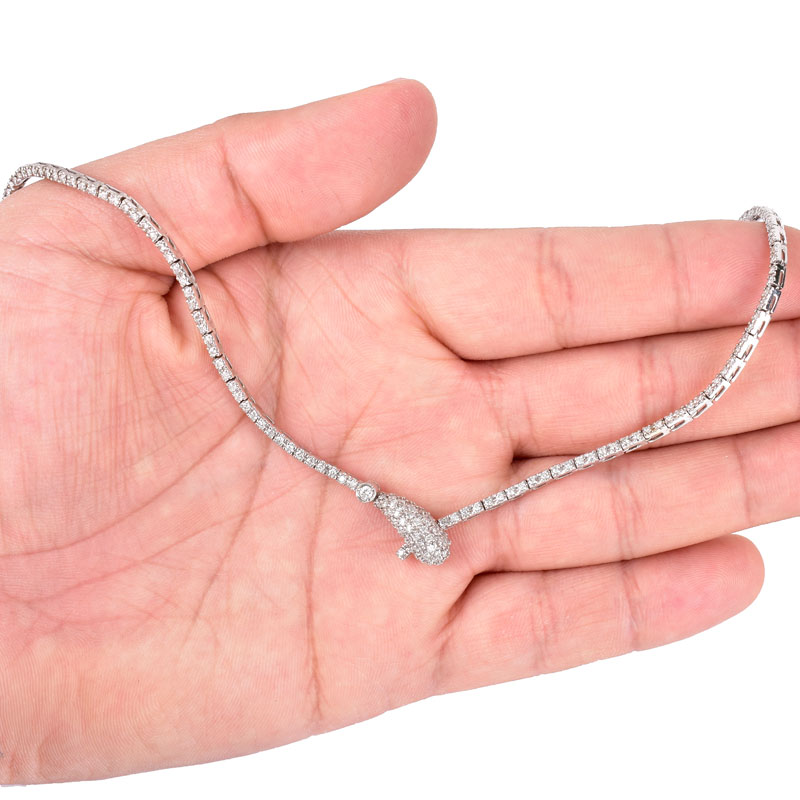 Vintage Micro Pave Set Diamond and 14 Karat White Gold Articulated Snake Lariat Necklace. Stamped 14K.