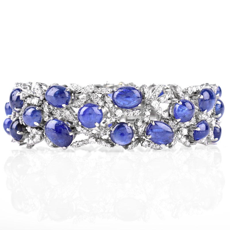 Approx. 50.0 Carat Oval Cabochon Sapphire, 8.0 Carat Round Brilliant Cut Diamond and 14 Karat White Gold Bracelet.