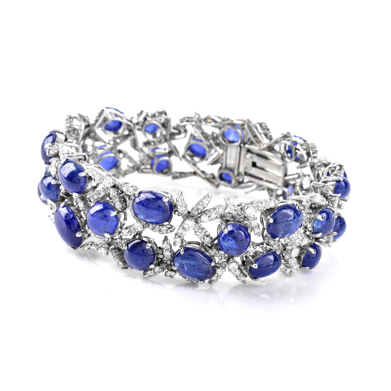 Approx. 50.0 Carat Oval Cabochon Sapphire, 8.0 Carat Round Brilliant Cut Diamond and 14 Karat White Gold Bracelet.