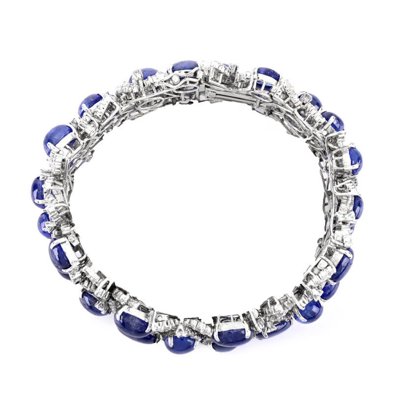 Approx. 50.0 Carat Oval Cabochon Sapphire, 8.0 Carat Round Brilliant Cut Diamond and 14 Karat White Gold Bracelet.