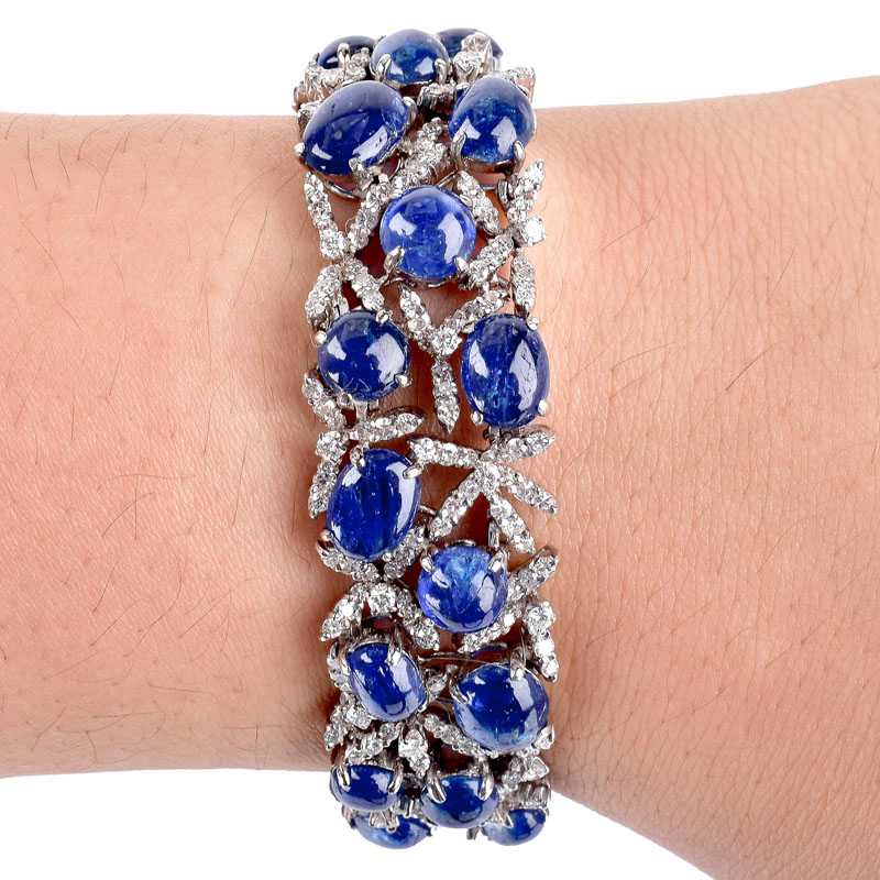 Approx. 50.0 Carat Oval Cabochon Sapphire, 8.0 Carat Round Brilliant Cut Diamond and 14 Karat White Gold Bracelet.