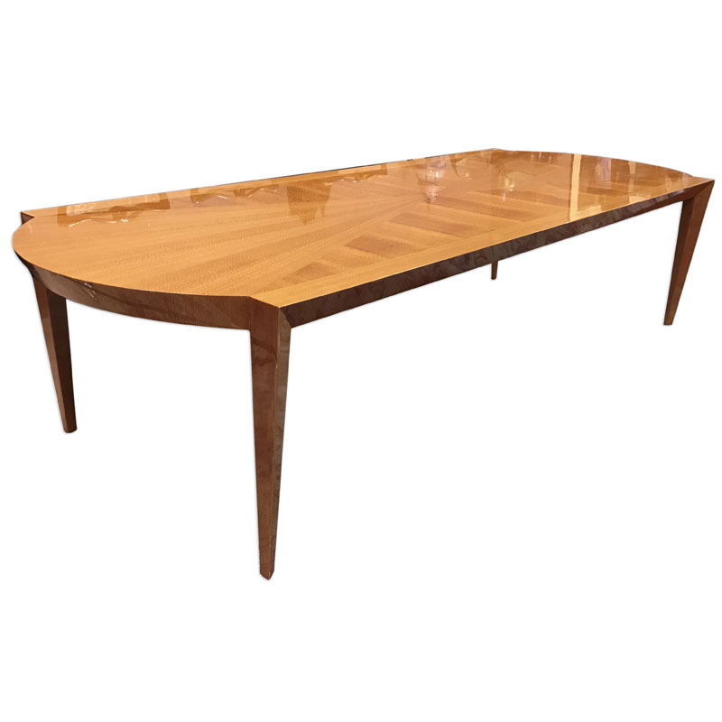 Mid Century Modern Dakota Jackson Australian Lacewood Hearaldic Dinning Table. Arched aprons and tapered trapezoidal legs.