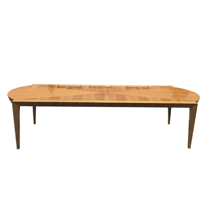 Mid Century Modern Dakota Jackson Australian Lacewood Hearaldic Dinning Table. Arched aprons and tapered trapezoidal legs.