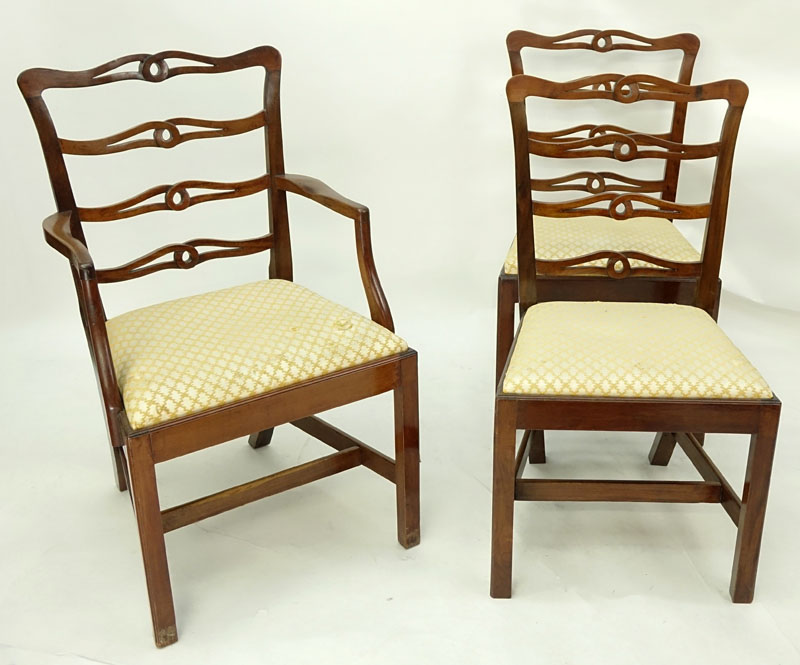 Set of Eight (8) 19th Century Mahogany and Upholstered Ladder Back Dining Chairs.