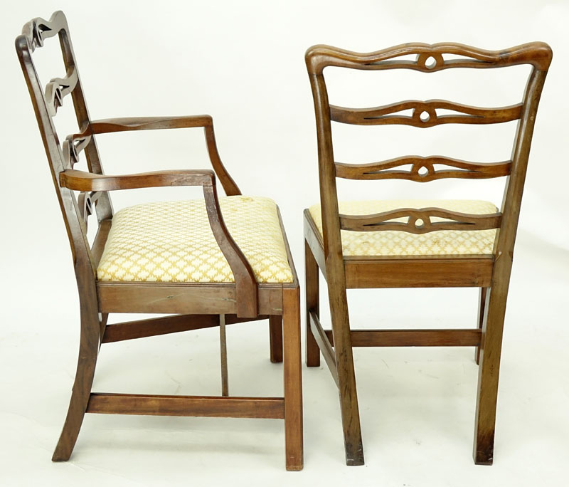 Set of Eight (8) 19th Century Mahogany and Upholstered Ladder Back Dining Chairs.