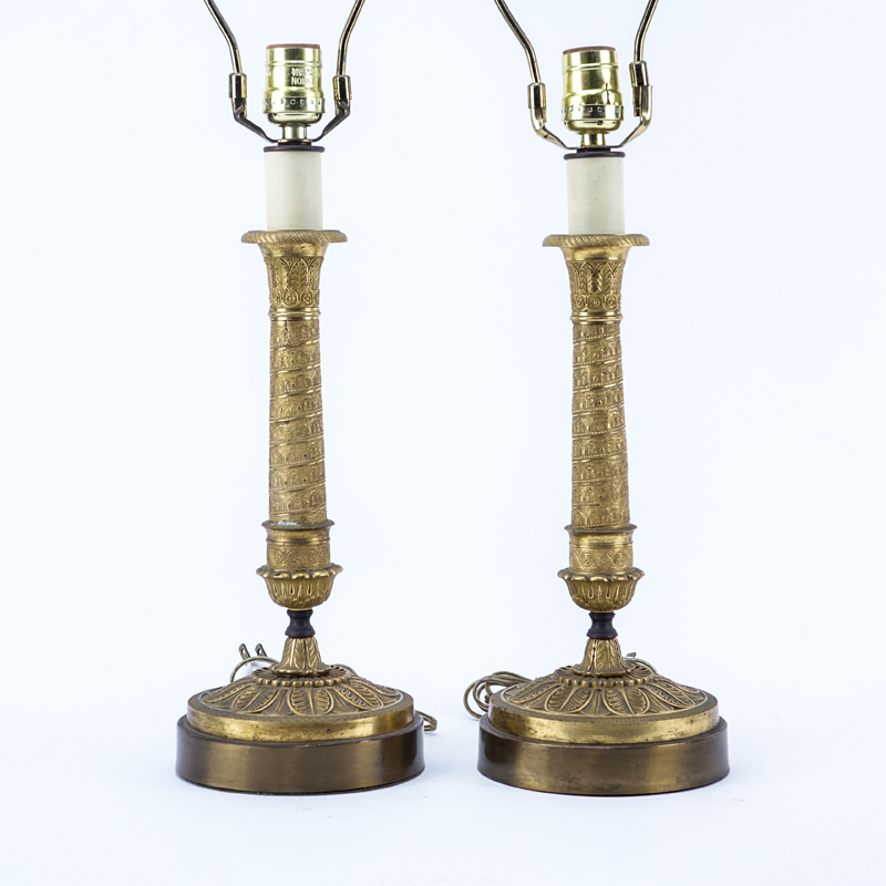 Pair of Antique Louis XVI Style Gilt Brass Candlesticks Mounted as Lamps.