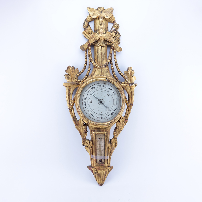 19/20th Century French Louis XVI Style Carved Giltwood Barometer with Kissing Doves.