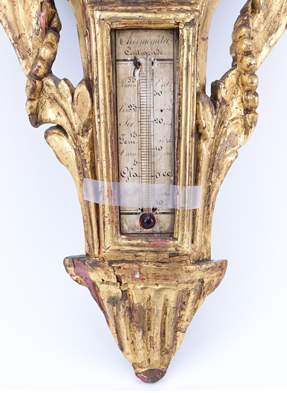 19/20th Century French Louis XVI Style Carved Giltwood Barometer with Kissing Doves.